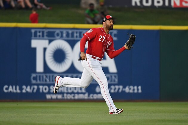 GOODYEAR, ARIZONA - MARCH 19: Matt Kemp #27 of the Cincinnati Reds makes a running catch during a spring training game against the Chicago White Sox at Goodyear Ballpark on March 19, 2019 in Goodyear, Arizona. (Photo by Norm Hall/Getty Images)