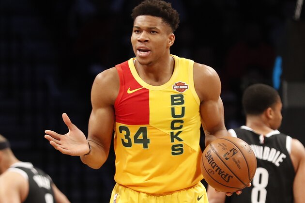 Milwaukee Bucks forward Giannis Antetokounmpo (34) reacts during the first half of an NBA basketball game against the Brooklyn Nets, Monday, April 1, 2019, in New York. (AP Photo/Michael Owens)