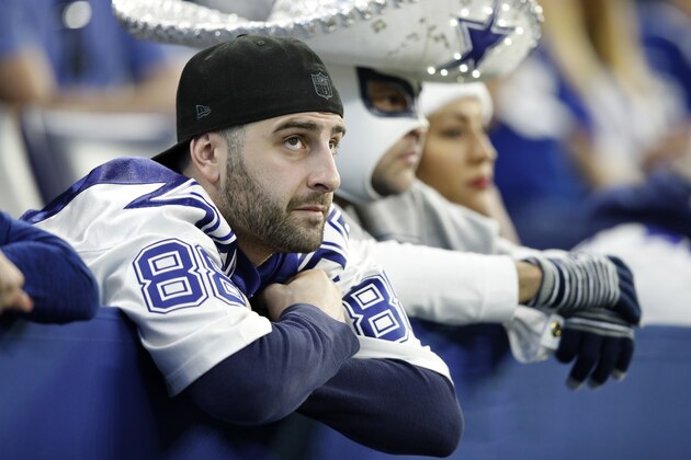 INDIANAPOLIS, INDIANA - DECEMBER 16: A Dallas Cowboys fan disappointed after his team loses to the Indianapolis Colts at Lucas Oil Stadium on December 16, 2018 in Indianapolis, Indiana. (Photo by Joe Robbins/Getty Images)