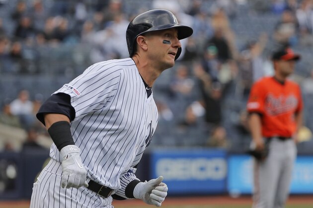 New York Yankees shortstop Troy Tulowitzki (12) rounds the bases after hitting a solo home run against the Baltimore Orioles during the ninth inning of a baseball game, Saturday, March 30, 2019, in New York. (AP Photo/Julie Jacobson)