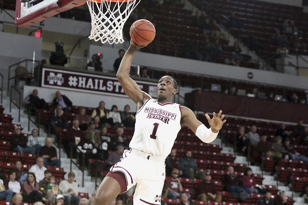 Mississippi State forward Reggie Perry (1) prepares to dunk during the first half of their NCAA college basketball game against Alcorn State Monday, Nov. 26, 2018, in Starkville, Miss. (AP Photo/Jim Lytle)