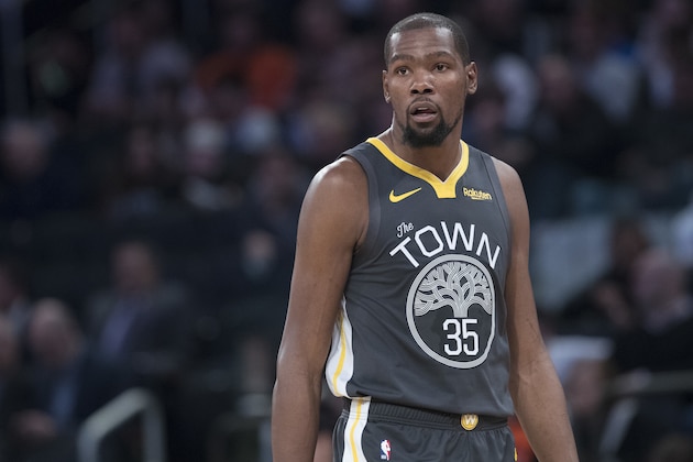 Golden State Warriors forward Kevin Durant reacts during the second half of an NBA basketball game against the New York Knicks, Friday, Oct. 26, 2018, at Madison Square Garden in New York. The Warrior won 128-100. (AP Photo/Mary Altaffer)