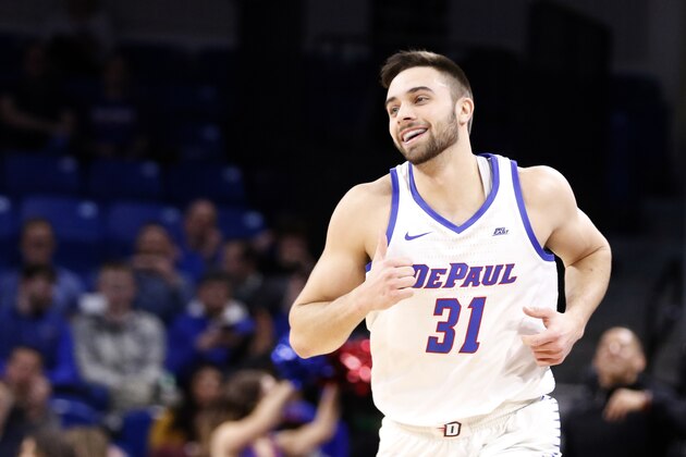 CHICAGO, ILLINOIS - MARCH 06: Max Strus #31 of the DePaul Blue Demons celebrates after making a three pointer in the game against the Georgetown Hoyas during the first half at Wintrust Arena on March 06, 2019 in Chicago, Illinois. (Photo by Justin Casterline/Getty Images)