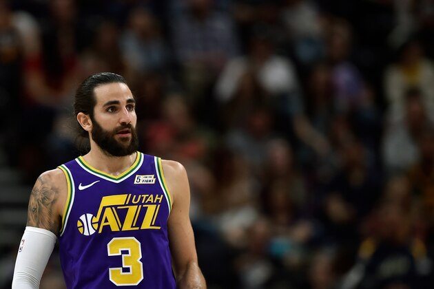 SALT LAKE CITY, UT - APRIL 01: Ricky Rubio #3 of the Utah Jazz looks on against the Charlotte Hornets in a NBA game at Vivint Smart Home Arena on April 01, 2019 in Salt Lake City, Utah. NOTE TO USER: User expressly acknowledges and agrees that, by downloading and or using this photograph, User is consenting to the terms and conditions of the Getty Images License Agreement. (Photo by Gene Sweeney Jr./Getty Images)