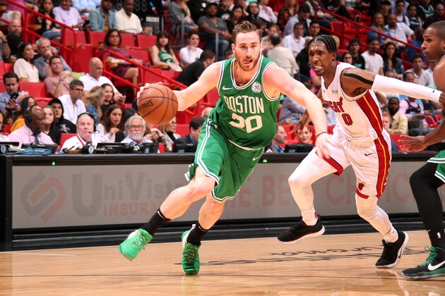 MIAMI, FL - APRIL 3: Gordon Hayward #20 of the Boston Celtics handles the ball against the Miami Heat on April 3, 2019 at American Airlines Arena in Miami, Florida. NOTE TO USER: User expressly acknowledges and agrees that, by downloading and/or using this photograph, user is consenting to the terms and conditions of the Getty Images License Agreement. Mandatory Copyright Notice: Copyright 2019 NBAE (Photo by Issac Baldizon/NBAE via Getty Images)