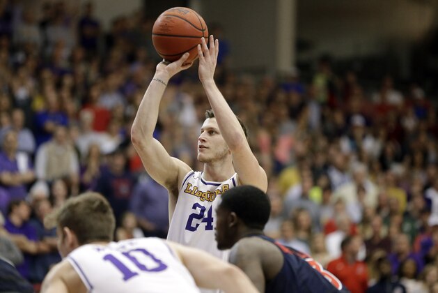 Lipscomb guard Garrison Mathews (24) shoots a free throw against Liberty in the second half of the Atlantic Sun NCAA college basketball tournament championship game Sunday, March 10, 2019, in Nashville, Tenn. Mathews led all scorers with 21 points but Liberty won 74-68. (AP Photo/Mark Humphrey)