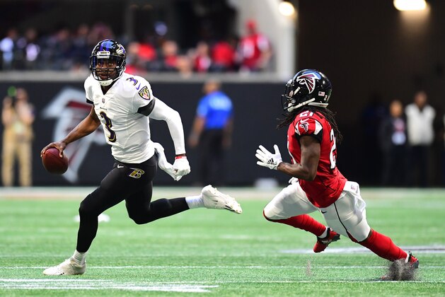 ATLANTA, GA - DECEMBER 2: Robert Griffin III #3 of the Baltimore Ravens scrambles against Desmond Trufant #21 of the Atlanta Falcons at Mercedes-Benz Stadium on December 2, 2018 in Atlanta, Georgia. (Photo by Scott Cunningham/Getty Images)
