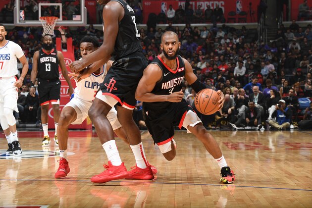 LOS ANGELES, CA - APRIL 3: Chris Paul #3 of the Houston Rockets handles the ball against the LA Clippers on April 3, 2019 at STAPLES Center in Los Angeles, California. NOTE TO USER: User expressly acknowledges and agrees that, by downloading and/or using this Photograph, user is consenting to the terms and conditions of the Getty Images License Agreement. Mandatory Copyright Notice: Copyright 2019 NBAE (Photo by Andrew D. Bernstein/NBAE via Getty Images)