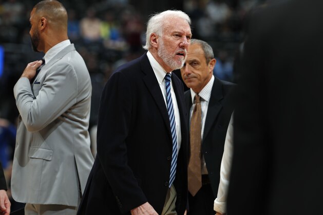 San Antonio Spurs head coach Gregg Popovich reacts after being ejected in the first half of an NBA basketball game against the Denver Nuggets Wednesday, April 3, 2019, in Denver. (AP Photo/David Zalubowski)