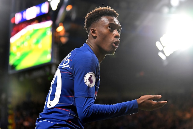 LONDON, ENGLAND - APRIL 03: Callum Hudson-Odoi of Chelsea reacts  during the Premier League match between Chelsea FC and Brighton & Hove Albion at Stamford Bridge on April 03, 2019 in London, United Kingdom. (Photo by Justin Setterfield/Getty Images)