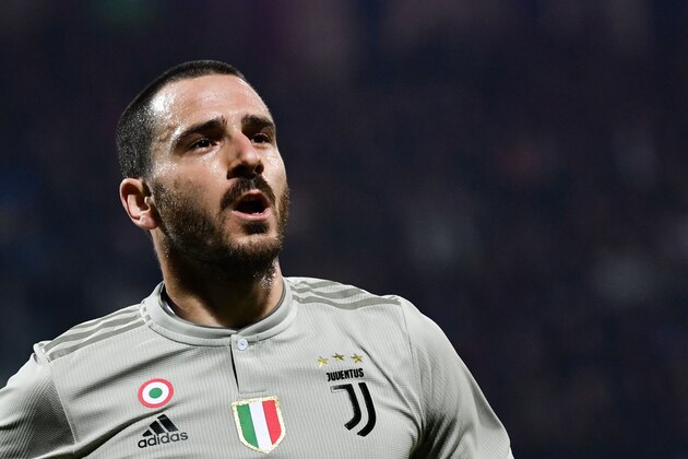 Juventus' Italian defender Leonardo Bonucci celebrates after opening the scoring during the Italian Serie A football march Cagliari vs Juventus on April 2, 2019 at the Sardignia Arena in Cagliari. (Photo by Marco BERTORELLO / AFP)        (Photo credit should read MARCO BERTORELLO/AFP/Getty Images)