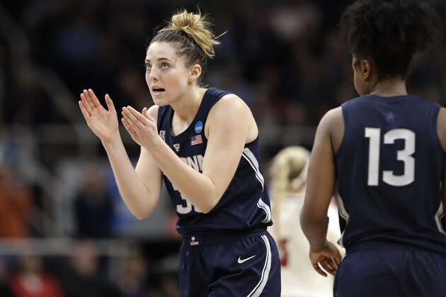 Connecticut guard Katie Lou Samuelson (33) fires up her team during the second half of a regional championship game against Louisville in the NCAA women's college basketball tournament, Sunday, March 31, 2019, in Albany, N.Y. UConn defeated Louisville 80-73 to advance to the Final Four. (AP Photo/Kathy Willens)