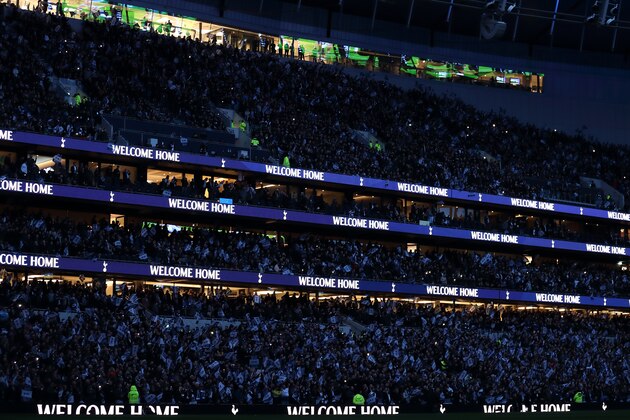 LONDON, ENGLAND - APRIL 03: Fans during the opening Ceremony as LED boards say Welcome Home during the Premier League match between Tottenham Hotspur and Crystal Palace at Tottenham Hotspur Stadium on April 3, 2019 in London, United Kingdom. (Photo by James Williamson - AMA/Getty Images)