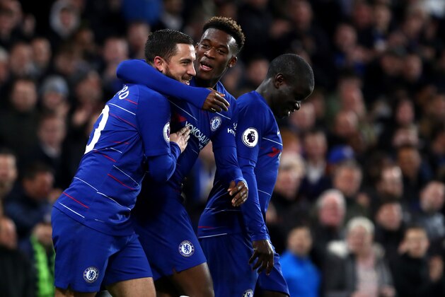 LONDON, ENGLAND - APRIL 03: Eden Hazard of Chelsea FC celebrates scoring his team's second goal with Callum Hudson-Odoi and N'Golo Kante during the Premier League match between Chelsea FC and Brighton and Hove Albion at Stamford Bridge on April 3, 2019 in London, England. (Photo by Chloe Knott - Danehouse/Getty Images)
