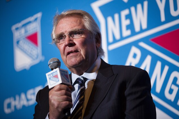 Glen Sather, president and general manager of the New York Rangers, speaks at a news conference after announcing the hiring of the Rangers new hockey head coach Alain Vigneault at Radio City Music Hall, Friday, June 21, 2013, in New York. (AP Photo/John Minchillo)