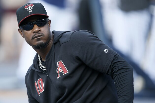 Arizona Diamondbacks' Adam Jones warms up during batting practice prior to a baseball game in San Diego, Monday, April 1, 2019. (AP Photo/Alex Gallardo)
