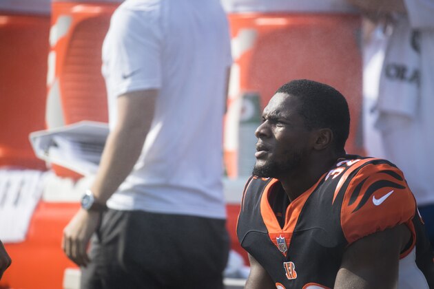 ORCHARD PARK, NY - AUGUST 26:  Mark Walton #32 of the Cincinnati Bengals sits on the bench watching game action during the preseason game against the Buffalo Bills at New Era Field on August 26, 2018 in Orchard Park, New York. Cincinnati defeats Buffalo 26-13 in the preseason matchup. (Photo by Brett Carlsen/Getty Images)