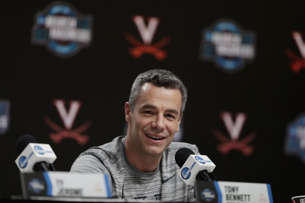 Virginia head coach Tony Bennett speaks during a news conference for the men's NCAA Tournament college basketball South Regional final game, Friday, March 29, 2019, in Louisville, Ky. (AP Photo/Michael Conroy)