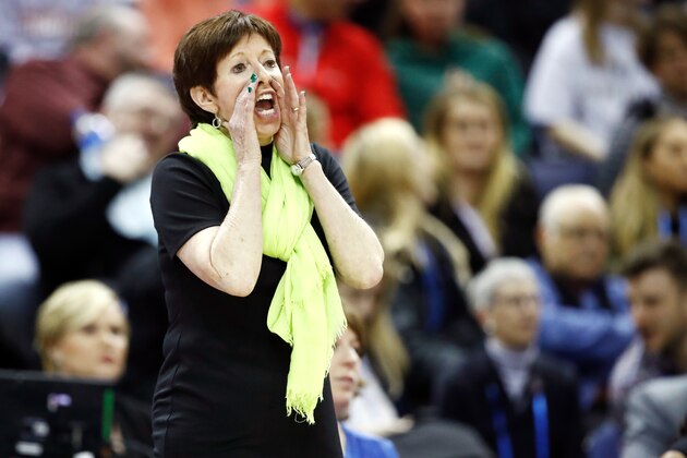 COLUMBUS, OH - APRIL 01:  Head coach Muffet McGraw of the Notre Dame Fighting Irish reacts to her team against the Mississippi State Lady Bulldogs during the second quarter in the championship game of the 2018 NCAA Women's Final Four at Nationwide Arena on April 1, 2018 in Columbus, Ohio.  (Photo by Andy Lyons/Getty Images)