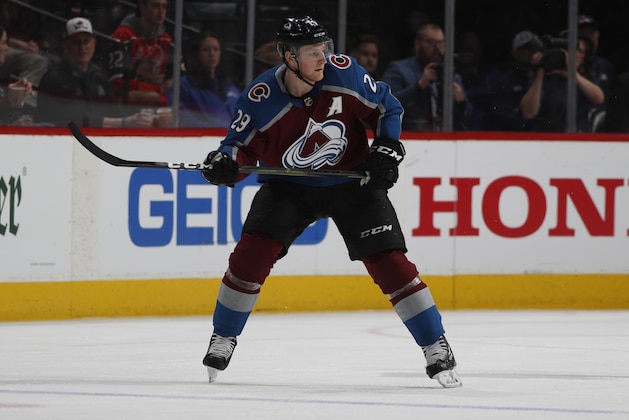 Colorado Avalanche center Nathan MacKinnon (29) in the second period of an NHL hockey game Wednesday, March 27, 2019, in Denver. (AP Photo/David Zalubowski)