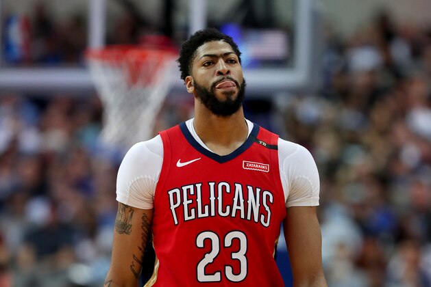DALLAS, TEXAS - MARCH 18: Anthony Davis #23 of the New Orleans Pelicans walks off the court against the Dallas Mavericks in the first half at American Airlines Center on March 18, 2019 in Dallas, Texas. NOTE TO USER: User expressly acknowledges and agrees that, by downloading and or using this photograph, User is consenting to the terms and conditions of the Getty Images License Agreement. (Photo by Tom Pennington/Getty Images)