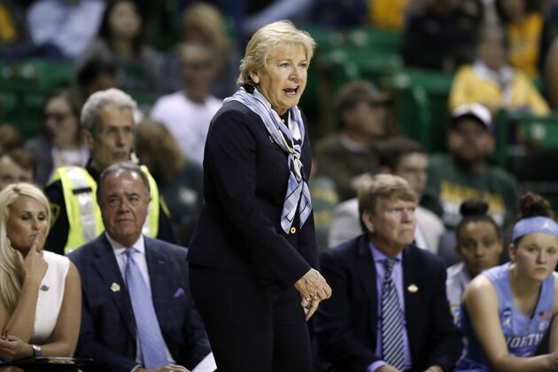 North Carolina head coach Sylvia Hatchell instructs her team in the second half of a first round women's college basketball game in the NCAA Tournament in Waco, Texas, Saturday March 23, 2019. (AP Photo/Tony Gutierrez)