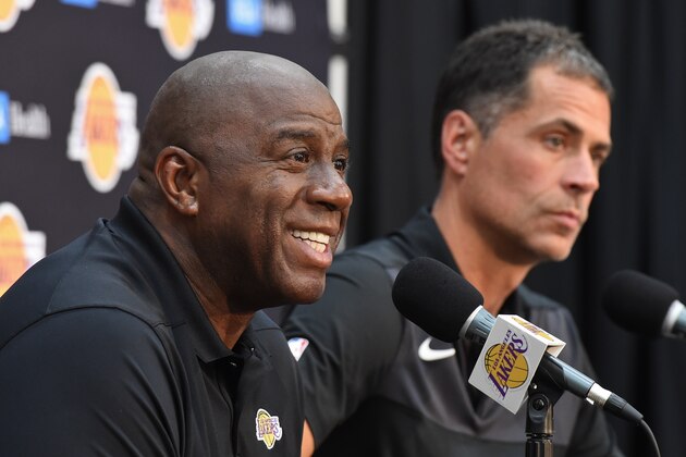 EL SEGUNDO, CA - SEPTEMBER 20: Lakers President of Basketball Operations Earvin 'Magic' Johnson and General Manager Rob Pelinka conduct a press conference at the Lakers UCLA Health Training Facility in El Segundo, California. NOTE TO USER: User expressly acknowledges and agrees that, by downloading and or using this photograph, User is consenting to the terms and conditions of the Getty Images License Agreement. Mandatory Copyright Notice: Copyright 2018 NBAE (Photo by Andrew D. Bernstein/NBAE via Getty Images)