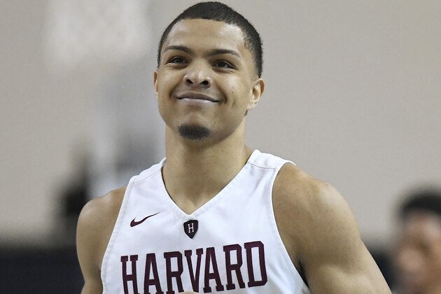 Harvard's Bryce Aiken during the first half of an NCAA college basketball game in a for the Ivy League championship at Yale University in New Haven, Conn., Sunday, March 17, 2019, in New Haven, Conn. (AP Photo/Jessica Hill)