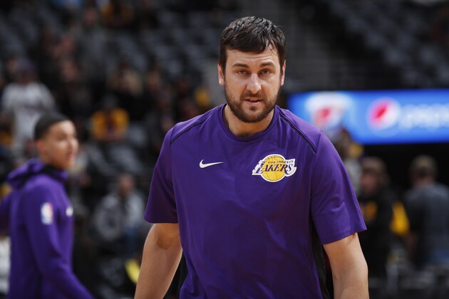 Los Angeles Lakers center Andrew Bogut (66) in the first half of an NBA basketball game Saturday, Dec. 2, 2017, in Denver. (AP Photo/David Zalubowski) Los Angeles Lakers center Andrew Bogut (66) in the first half of an NBA basketball game Saturday, Dec. 2, 2017, in Denver. (AP Photo/David Zalubowski)