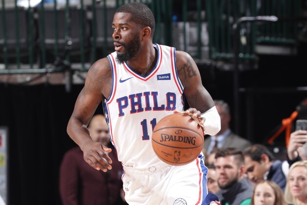 DALLAS, TX - APRIL 1: James Ennis III #11 of the Philadelphia 76ers handles the ball against the Dallas Mavericks on April 1, 2019 at the American Airlines Center in Dallas, Texas. NOTE TO USER: User expressly acknowledges and agrees that, by downloading and or using this photograph, User is consenting to the terms and conditions of the Getty Images License Agreement. Mandatory Copyright Notice: Copyright 2019 NBAE (Photo by Glenn James/NBAE via Getty Images)