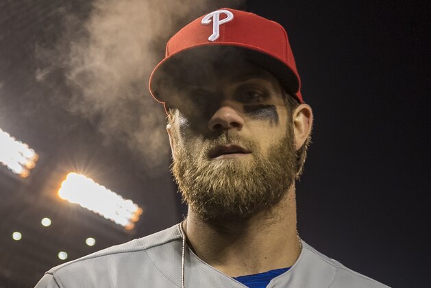 WASHINGTON, DC - April 02: Bryce Harper #3 of the Philadelphia Phillies at the end of the game against the against the Washington Nationals at Nationals Park on April 2, 2019 in Washington, DC.  (Photo by Scott Taetsch/Getty Images)
