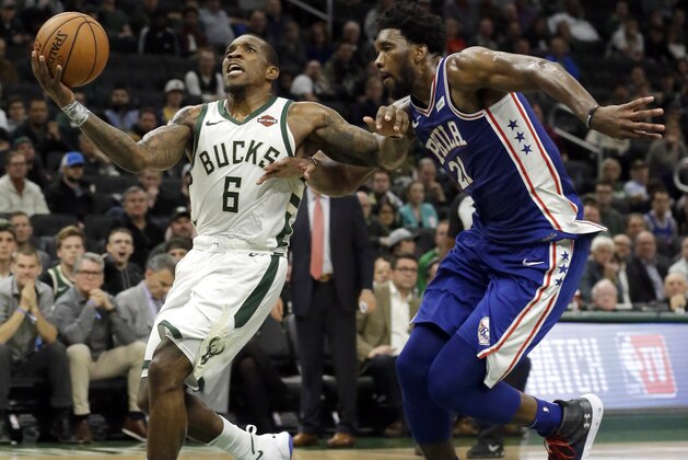 Milwaukee Bucks' Eric Bledsoe (6) shoots past Philadelphia 76ers' Joel Embiid (21) during the second half of an NBA basketball game, Wednesday, Oct. 24, 2018, in Milwaukee. The Bucks won 123-108. (AP Photo/Aaron Gash)