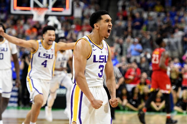 JACKSONVILLE, FL - MARCH 23: Tremont Waters #3 of the LSU Tigers celebrates a win after the Second Round of the NCAA Basketball Tournament against the Maryland Terrapins at the VyStar Veterans Memorial Arena on March 23 2019 in Jacksonville, Florida. (Photo by Mitchell Layton/Getty Images)