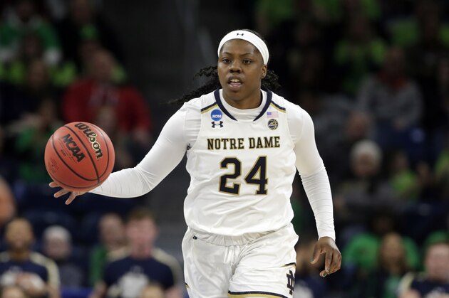 Notre Dame's Arike Ogunbowale (24) during the first half of a regional semifinal game in the NCAA women's college basketball tournament, Saturday, March 30, 2019, in Chicago. (AP Photo/Kiichiro Sato)