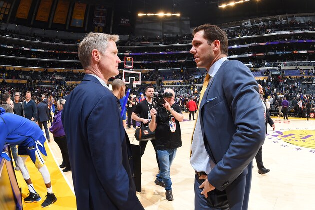 LOS ANGELES, CA - JANUARY 21: Steve Kerr of the Golden State Warriors and Luke Walton of the Los Angeles Lakers seen on court following the game on January 21, 2019 at STAPLES Center in Los Angeles, California. NOTE TO USER: User expressly acknowledges and agrees that, by downloading and/or using this Photograph, user is consenting to the terms and conditions of the Getty Images License Agreement. Mandatory Copyright Notice: Copyright 2019 NBAE (Photo by Andrew D. Bernstein/NBAE via Getty Images)