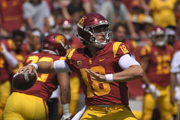 FILE - In this Sept. 1, 2018, file photo, Southern California quarterback J.T. Daniels passes during the first half of an NCAA college football game against UNLV in Los Angeles. The Trojans will attempt to avoid their first three-game losing streak in a single season since 2012 when they host unbeaten Washington State at the Coliseum in their first Friday night home game since 1999. (AP Photo/Mark J. Terrill, File)