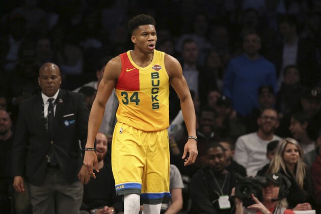 Milwaukee Bucks forward Giannis Antetokounmpo reacts during the first half of an NBA basketball game against the Brooklyn Nets, Monday, April 1, 2019, in New York. (AP Photo/Michael Owens)