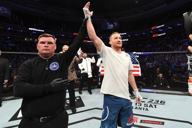 PHILADELPHIA, PA - MARCH 30:  Justin Gaethje celebrates after defeating Edson Barboza of Brazil by KO in their lightweight bout during the UFC Fight Night event at Wells Fargo Center on March 30, 2019 in Philadelphia, Pennsylvania. (Photo by Josh Hedges/Zuffa LLC/Zuffa LLC via Getty Images)