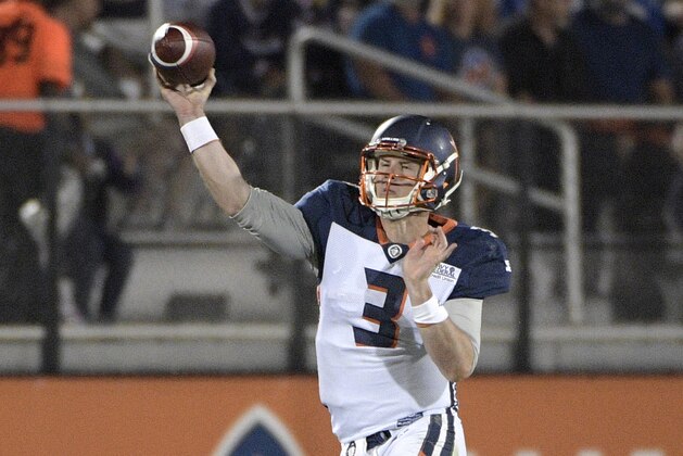 FILE - In this March 16, 2019, file photo, Orlando Apollos quarterback Garrett Gilbert (3) throws a pass during the first half of an AAF football game against the Arizona Hotshots, in Orlando, Fla. The Cleveland Browns intend to sign former Packers and Steelers safety Morgan Burnett and quarterback Garrett Gilbert, a person familiar with the plans told The Associated Press on Friday, April 5, 2019. (AP Photo/Phelan M. Ebenhack, File)