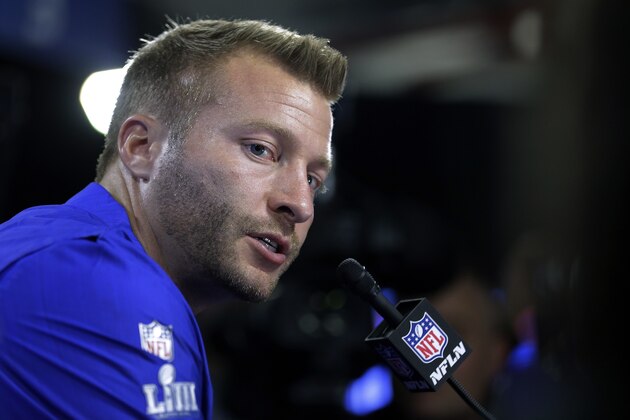 Los Angeles Rams head coach Sean McVay speaks to the media after the NFL Super Bowl 53 football game against the New England Patriots, Sunday, Feb. 3, 2019, in Atlanta. The Patriots won 13-3. (AP Photo/Chuck Burton)