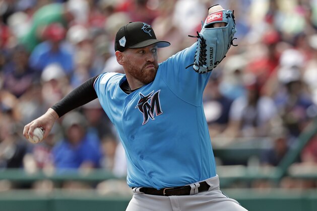 Miami Marlins pitcher Dan Straily throws against the Atlanta Braves in the first inning of a spring baseball exhibition game, Sunday, March 3, 2019, in Kissimmee, Fla. (AP Photo/John Raoux)