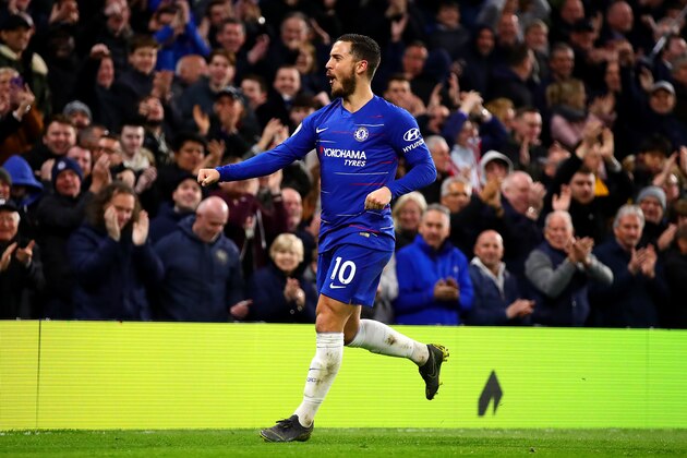LONDON, ENGLAND - APRIL 03: Eden Hazard of Chelsea celebrates scoring his side's second goal during the Premier League match between Chelsea FC and Brighton & Hove Albion at Stamford Bridge on April 03, 2019 in London, United Kingdom. (Photo by Chris Brunskill/Fantasista/Getty Images)