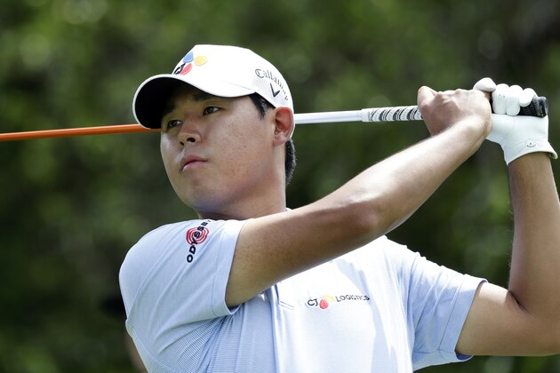 Si Woo Kim watches his drive on the ninth hole during the first round of the Texas Open golf tournament, Thursday, April 4, 2019, in San Antonio. (AP Photo/Eric Gay)
