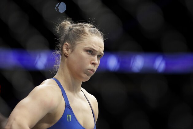 Ronda Rousey before her women's bantamweight championship mixed martial arts bout with Amanda Nunes at UFC 207, Friday, Dec. 30, 2016, in Las Vegas. (AP Photo/John Locher)
