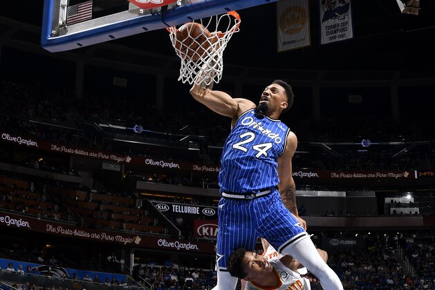 ORLANDO, FL - APRIL 5: Khem Birch #24 of the Orlando Magic dunks the ball against the Atlanta Hawks on April 5, 2019 at Amway Center in Orlando, Florida. NOTE TO USER: User expressly acknowledges and agrees that, by downloading and or using this photograph, User is consenting to the terms and conditions of the Getty Images License Agreement. Mandatory Copyright Notice: Copyright 2019 NBAE (Photo by Fernando Medina/NBAE via Getty Images)