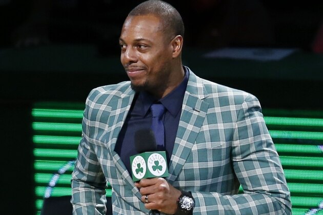 Former Boston Celtics Paul Pierce addresses the crowd during a ceremony to retire his number following an NBA basketball game against the Cleveland Cavaliers in Boston, Sunday, Feb. 11, 2018. (AP Photo/Michael Dwyer)