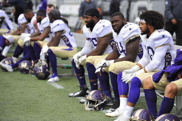 BIRMINGHAM, ALABAMA - MARCH 31: Freddie Burden #64 of the Atlanta Legends sits on the bench during the first half of the Alliance of American Football game against the Birmingham Iron  at Legion Field on March 31, 2019 in Birmingham, Alabama. (Photo by Logan Riely/Getty Images)