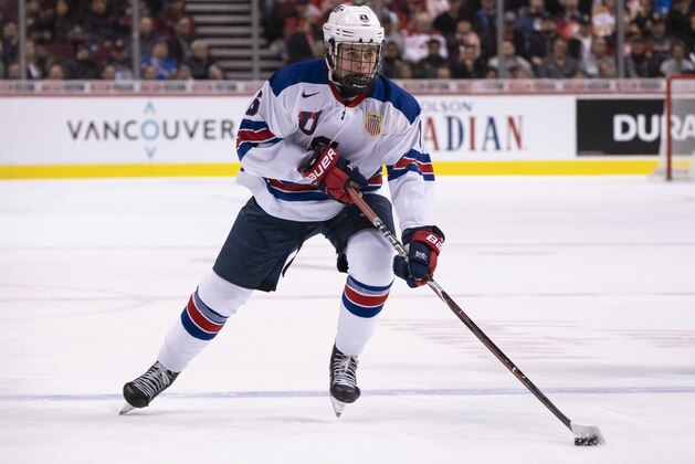 VANCOUVER, BC - JANUARY 5: Jack Hughes #6 of the United States skates with the puck in Gold Medal hockey action of the 2019 IIHF World Junior Championship against Finland on January, 5, 2019 at Rogers Arena in Vancouver, British Columbia, Canada.  (Photo by Rich Lam/Getty Images)
