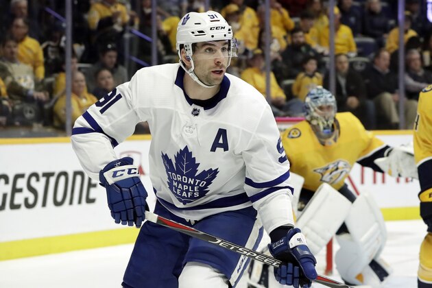 Toronto Maple Leafs center John Tavares plays against the Nashville Predators in the first period of an NHL hockey game Tuesday, March 19, 2019, in Nashville, Tenn. (AP Photo/Mark Humphrey)