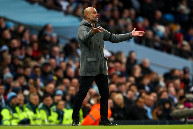 MANCHESTER, ENGLAND - APRIL 03: Pep Guardiola the head coach / manager of Manchester City  during the Premier League match between Manchester City and Cardiff City at Etihad Stadium on April 3, 2019 in Manchester, United Kingdom. (Photo by Robbie Jay Barratt - AMA/Getty Images)